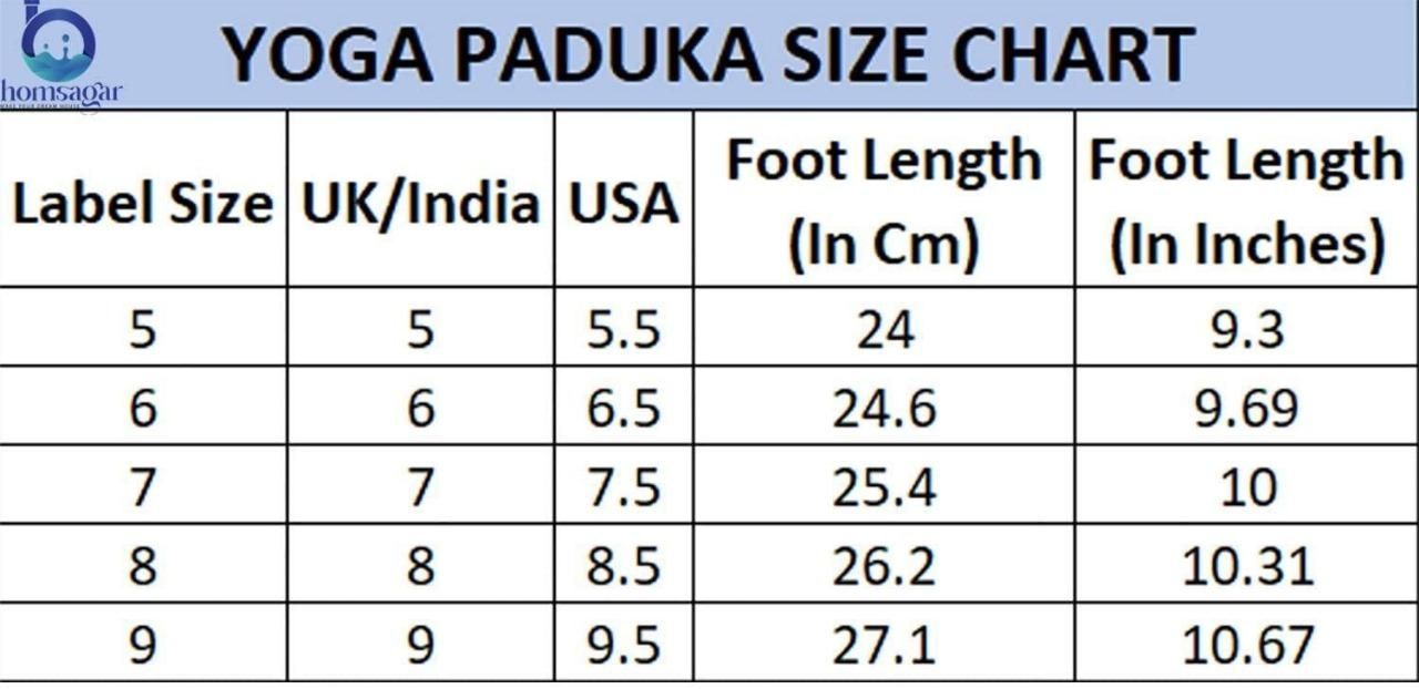 Yoga Paduka size chart with foot length measurements in centimeters and inches.